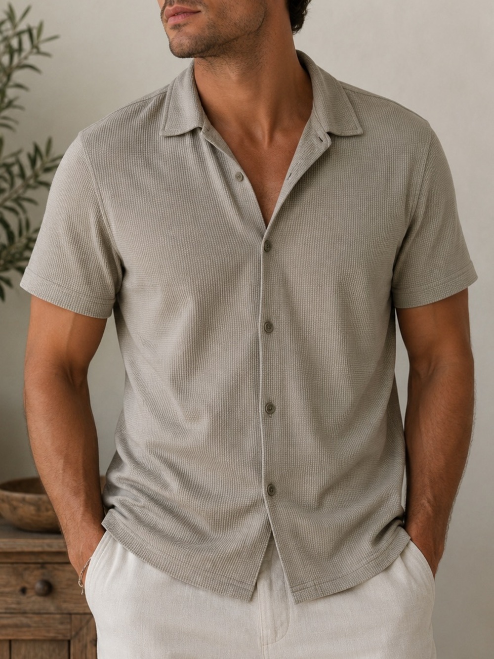 Buffalo David Bitton Men’s Beige Textured Knit Button Front Short Sleeve |Size S